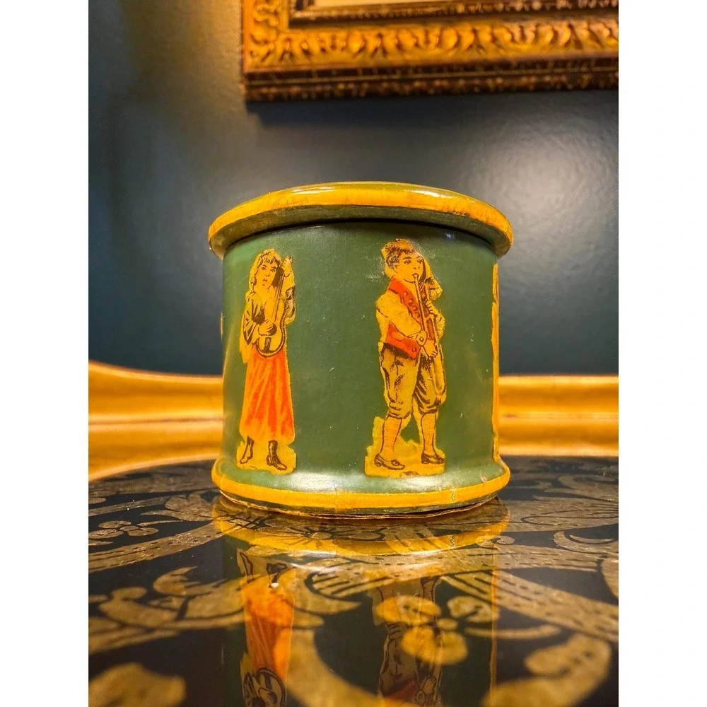 Vintage Hand-Painted Wood Stamp Roll Box 2″ Round Musical Figures - Picture 7 of 16